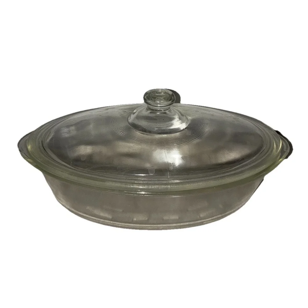 Vintage Glasbake Oval Casserole Clear Glass‎ Lid 1 qt J235 *flaw